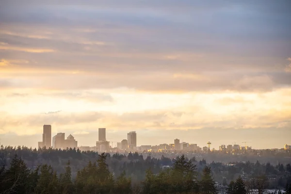 Coucher Soleil Seattle Skyline Vue Sur Journée Ensoleillée Hiver — Photo