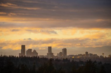 Güneşli kış gününde günbatımı Seattle gökyüzü manzarası.