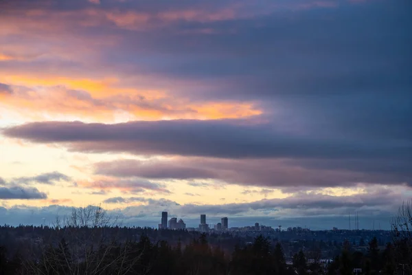 Zonsondergang Seattle Skyline Uitzicht Zonnige Winterdag — Stockfoto