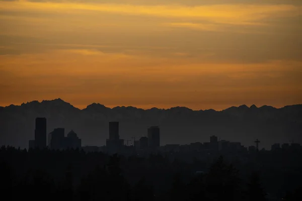 Solnedgång Seattle Skyline Solig Vinterdag — Stockfoto