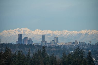 Seattle silueti ve Olimpiyat Dağları sabah arkaplanında.
