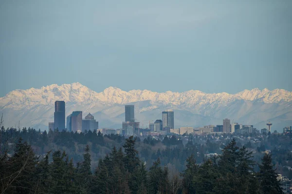 午前中の背景にオリンピック山脈とシアトルのスカイライン — ストック写真