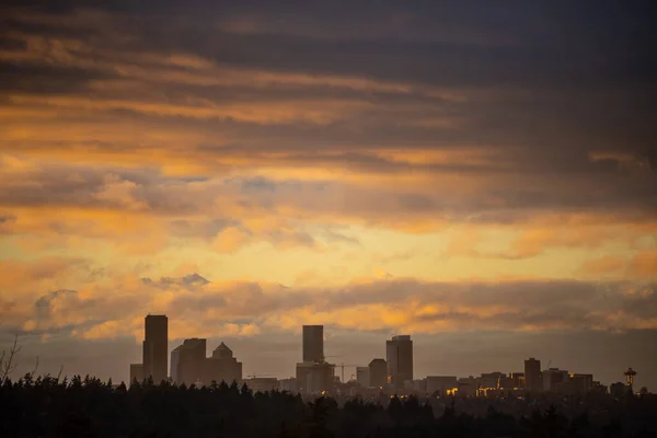 Zonsondergang Seattle Skyline Uitzicht Zonnige Winterdag — Stockfoto