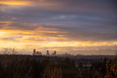 Güneşli kış gününde günbatımı Seattle gökyüzü manzarası.