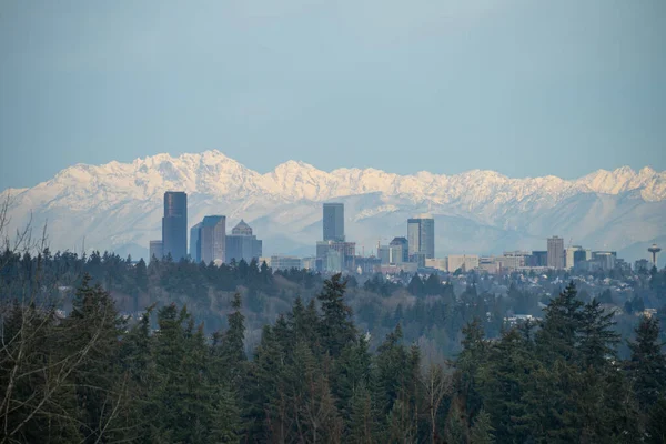 Horizonte Seattle Con Las Montañas Olímpicas Fondo Mañana — Foto de Stock