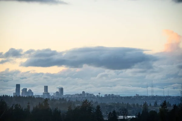 Solnedgång Seattle Skyline Solig Vinterdag — Stockfoto