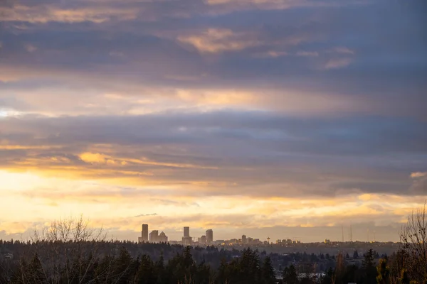 Solnedgång Seattle Skyline Solig Vinterdag — Stockfoto