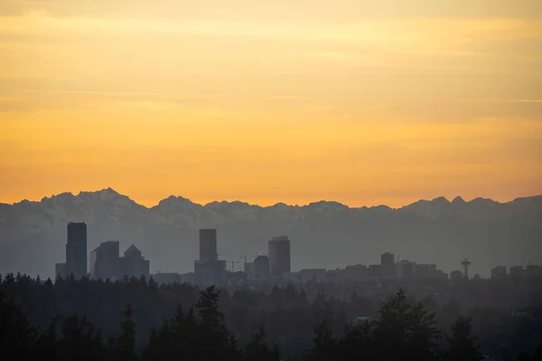 Solnedgång Seattle Skyline Solig Vinterdag — Stockfoto