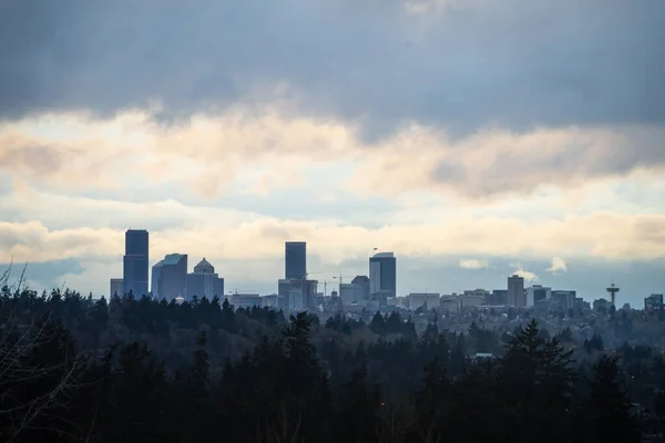 Tramonto Seattle Skyline Vista Sulla Soleggiata Giornata Invernale — Foto Stock