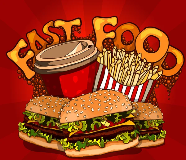 Pancarta de comida rápida con cola, hamburguesa y papas fritas — Archivo Imágenes Vectoriales