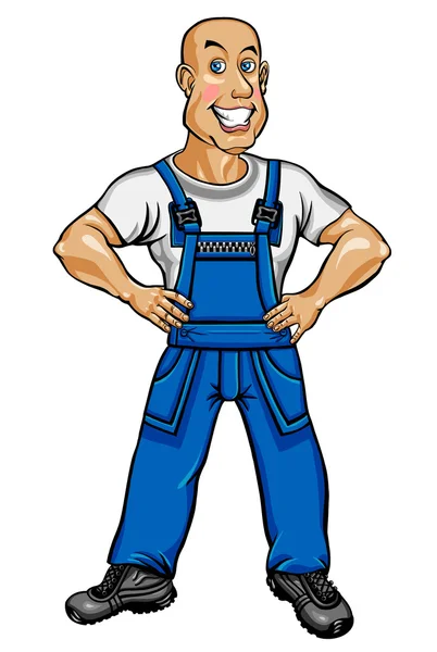 Friendly worker in blue overalls — Stock Vector