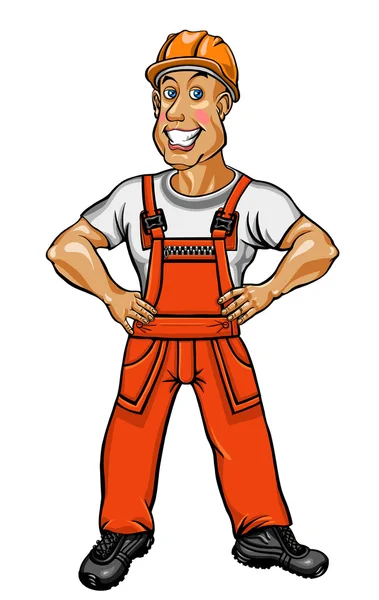 Smiling worker in an orange jumpsuit and helmet — Stock Vector