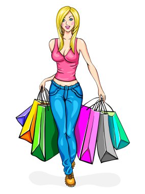 Kız sarışın, taşıyan bir sürü alışveriş torbaları