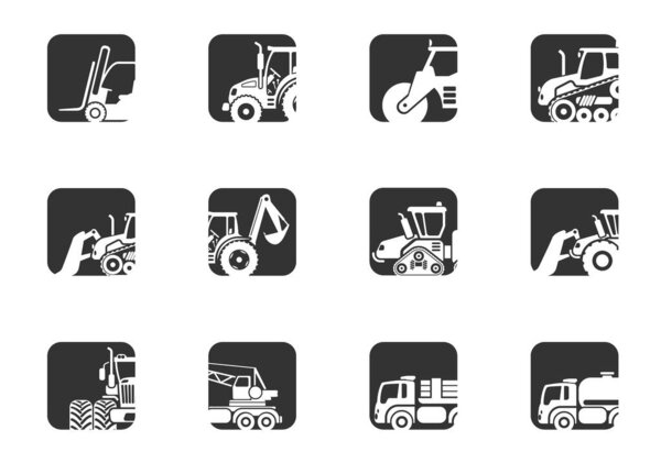 Industrial vehicles icons set with tractor loader paver excavator bulldozer truck isolated vector illustration