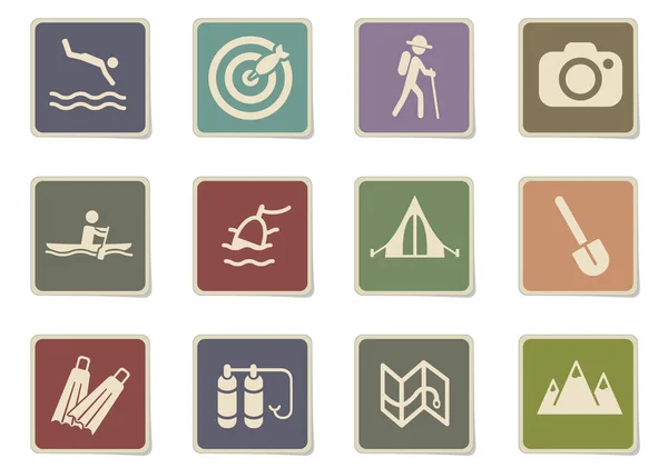 Active recreation and camping paper stickers icon set for user interface design