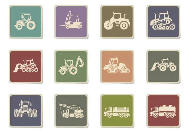 Iconos Vehículos Industriales Con Tractor Cargador Pavimentadora Excavadora Bulldozer Camión Ilustración De Stock
