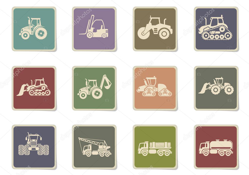 Industrial vehicles icons set with tractor loader paver excavator bulldozer truck isolated vector illustration