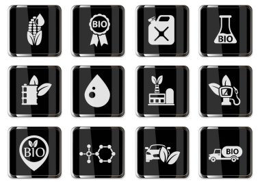 Siyah krom düğmelerle biyoyakıt piktogramları. Tasarımınız için simge ayarlandı. vektör simgeleri