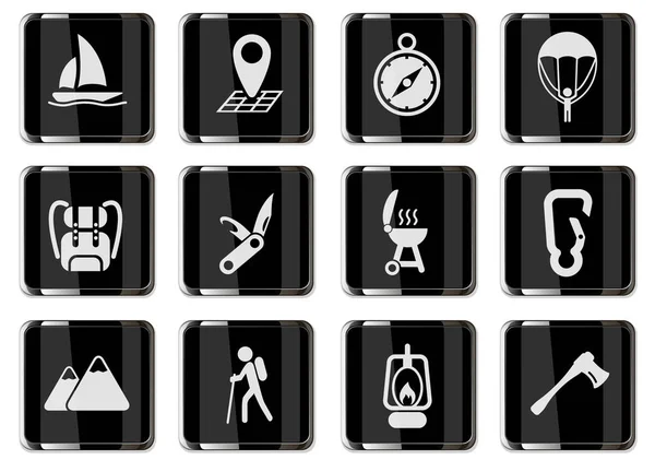 Active Recreation Camping Pictograms Black Chrome Buttons Icon Set User — Stock Vector