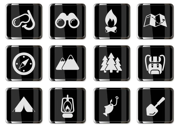 Active recreation and camping pictograms in black chrome buttons. icon set for user interface design