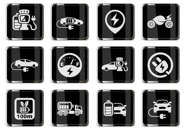 Elektrische Auto Pictogrammen Zwart Chroom Knoppen Icoon Set Voor Gebruikersinterface — Stockvector