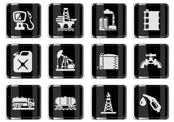 Oil and petrol industry objects simply symbols for web and user interface. pictograms in black chrome buttons.