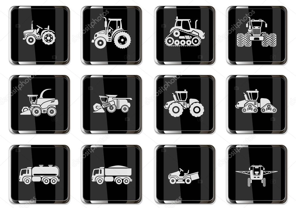 Agricultural vehicles icons set with combine tractor trailers elements of cultivation and irrigation. Pictograms in black chrome buttons.