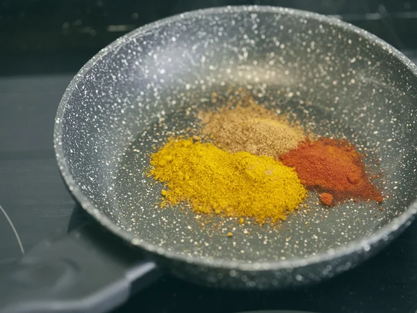 Temperos diferentes páprica caril garam massala na panela — Fotografia de Stock