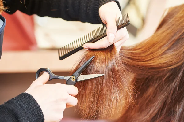 Manos de estilista profesional con tijeras y peine — Foto de Stock