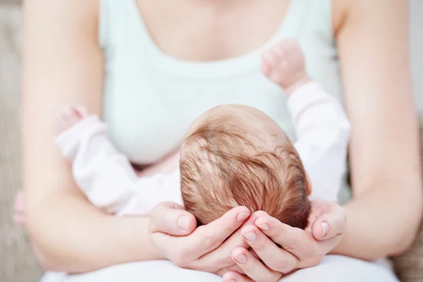 Moederschap. pasgeboren baby op handen van de moeder — Stockfoto