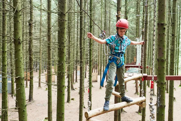 Menino na atividade de escalada no parque florestal de arame alto — Fotografia de Stock