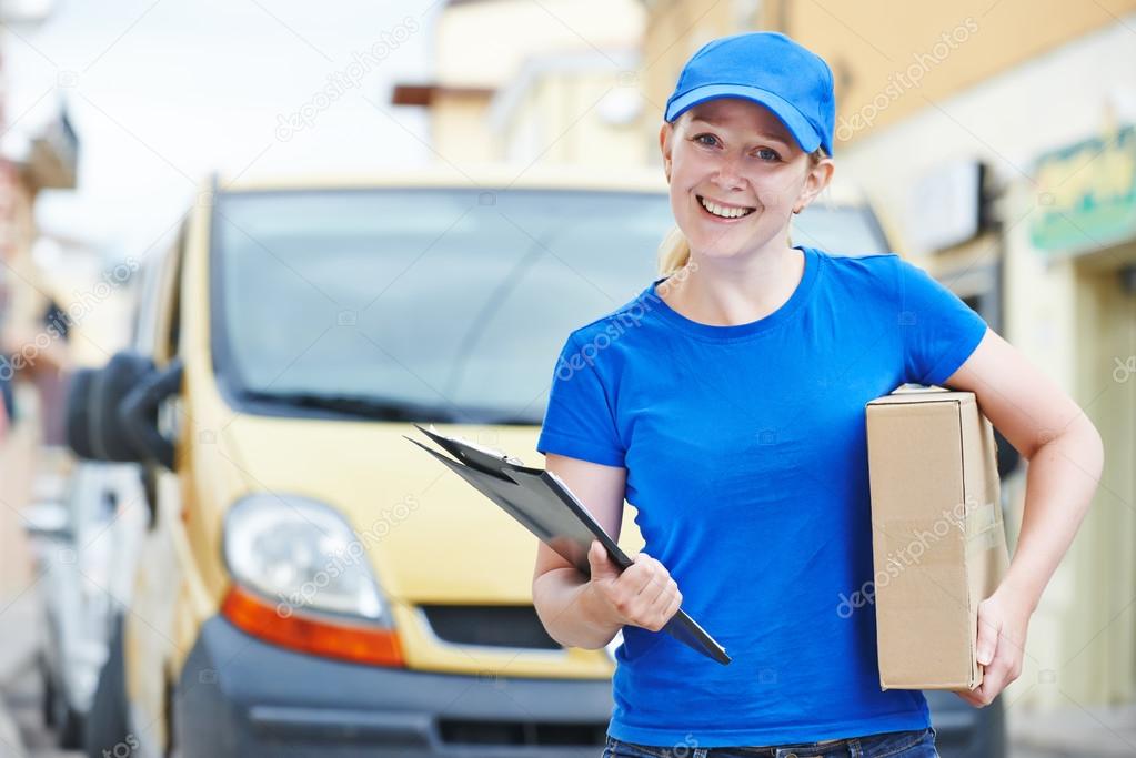 delivery woman with package outdoors