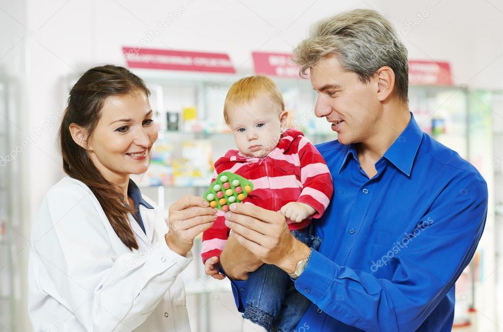Pharmacy chemist, father and baby in drugstore