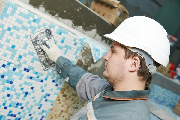 Tilers at industrial floor tiling renovation — Stock Photo, Image