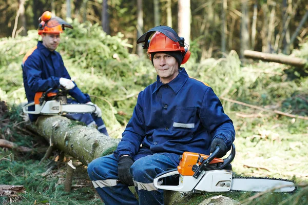 Lumberjack trabalhador com motosserra na floresta — Fotografia de Stock