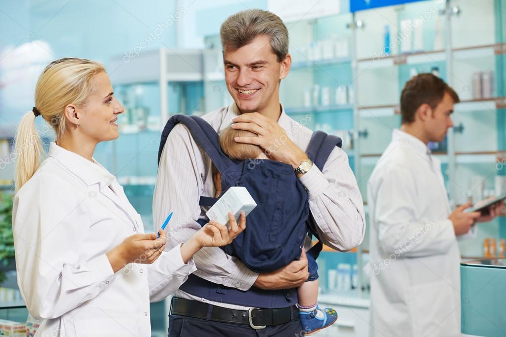 Pharmacy chemist, father and child in drugstore