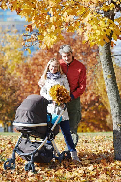 Frau mit Ahornblättern im Herbst — Stockfoto