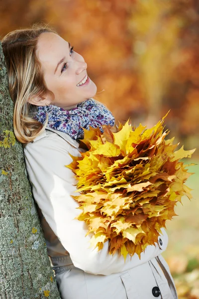 Woman with maple leaves at autumn Stock Picture