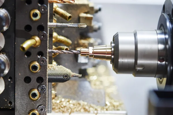 Close-up process of metal machining by drilling — Stock Photo, Image
