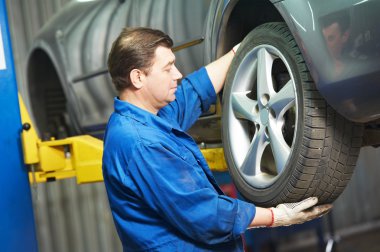 auto mechanic screwing car wheel by wrench clipart