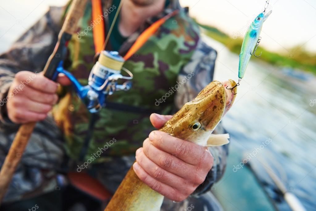 fisher with catch pike on river