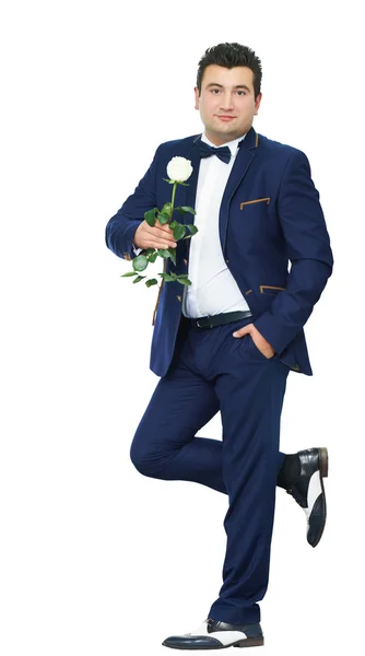 Hombre de traje con rosa blanca — Foto de Stock