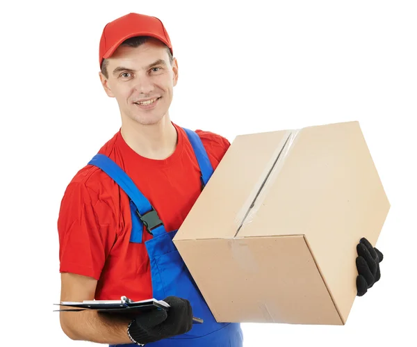 Delivery man με κουτί και χαρτόνι — Φωτογραφία Αρχείου