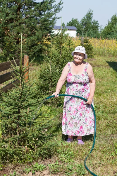 Età Pensionabile Caucasica Donna Residenza Campagna Con Tubo Flessibile Nelle — Foto Stock