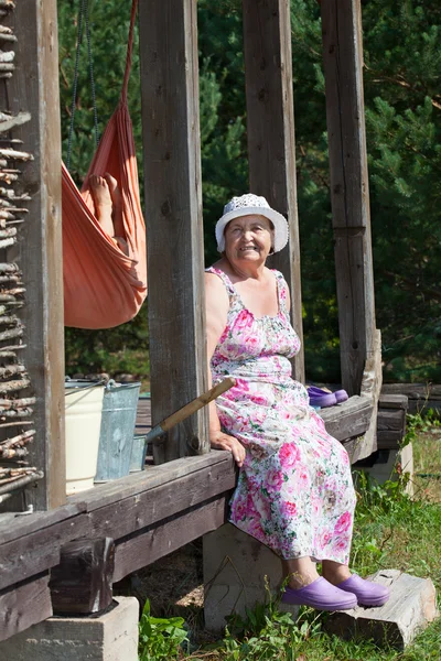 Elderly Caucasian Woman Resting Wooden Porch Own House — Stock Photo, Image