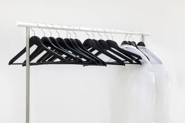Clothes Hangers Bags Rack White Background — Stock Photo, Image