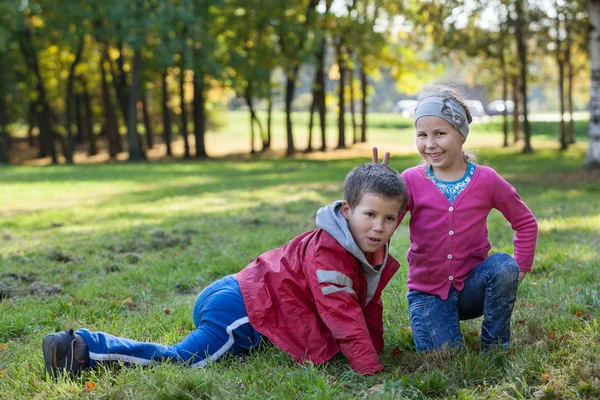 Glückliche Und Zufriedene Kinder Beim Gemeinsamen Spielen Herbstpark — Stockfoto