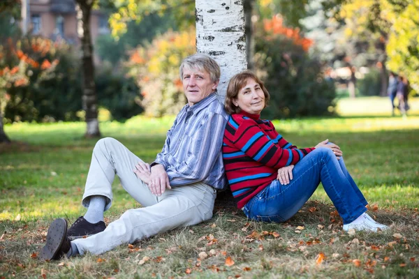 Volwassen Paar Leunend Back Back Samen Achter Boom Herfst Park — Stockfoto