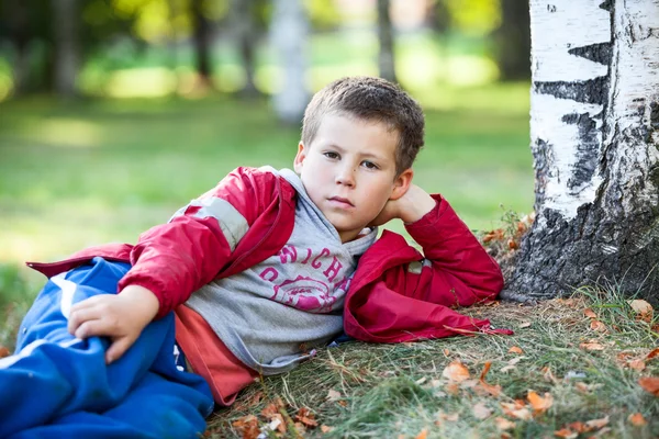Bonito Menino Caucasiano Descansando Grama Outono Parque — Fotografia de Stock