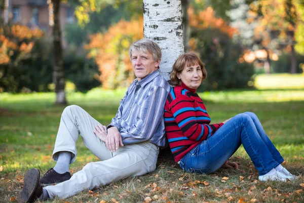 白种人的老夫妇坐在公园里的树干后面 — 图库照片